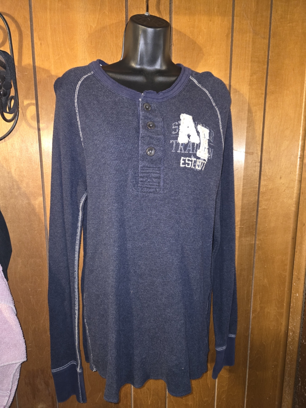 American Eagle Outfitters Vintage Fit Navy Long-Sleeve Henley with Chest Graphic